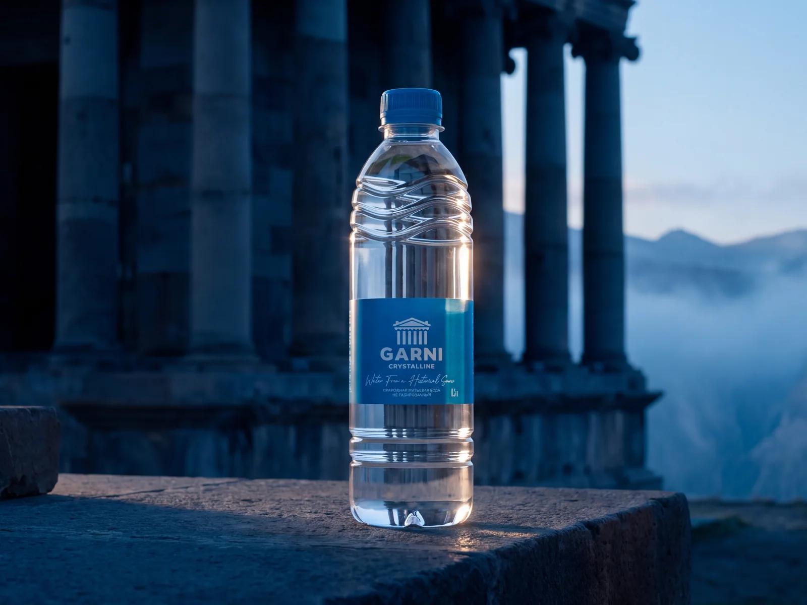 Garni Crystalline-ի շիշը Գառնիի տաճարի մոտ մթնշաղին
